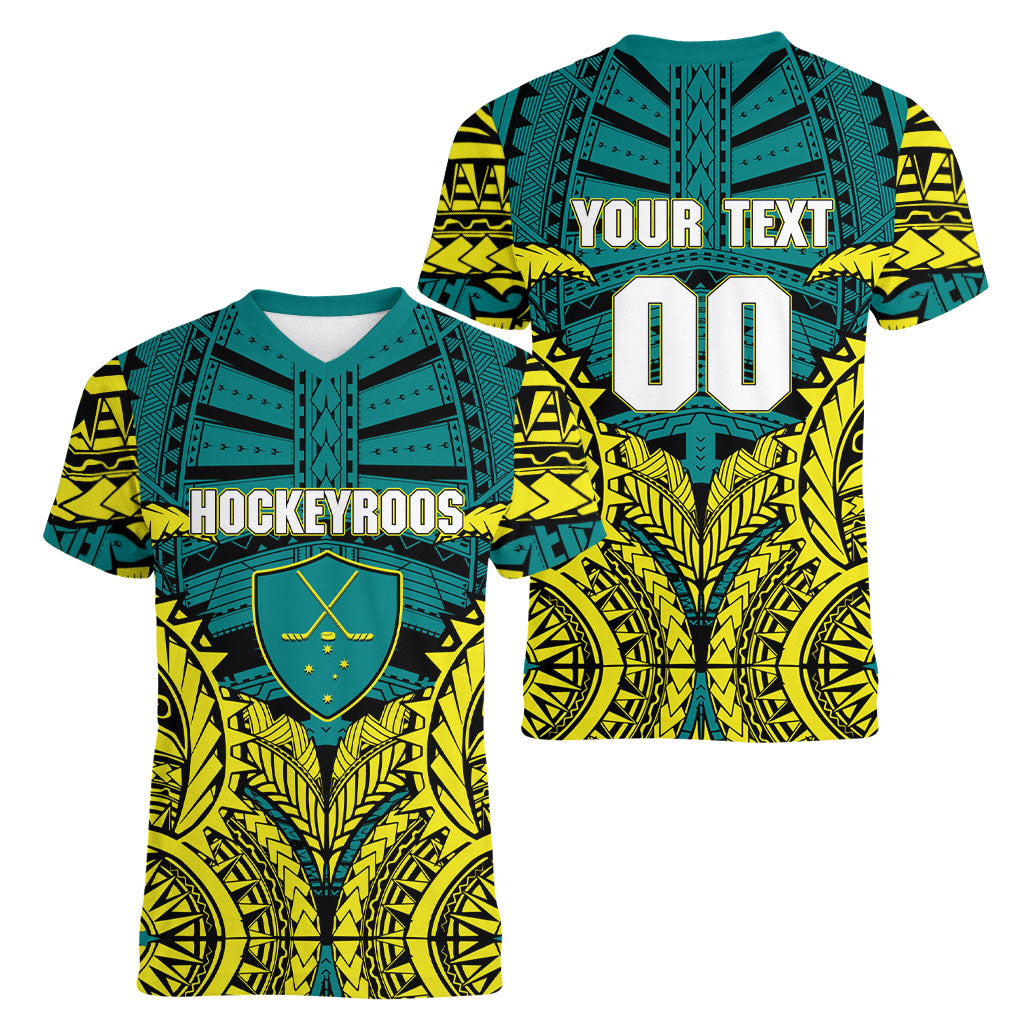 Personalized Hockeyroos Kangaroo Field Hockey Women V-Neck T-Shirt Tribal Geometric Green Gold Symmetrical Pattern Design