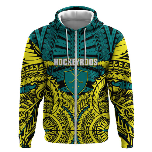 Personalized Hockeyroos Kangaroo Field Hockey Zip Hoodie Tribal Geometric Green Gold Symmetrical Pattern Design