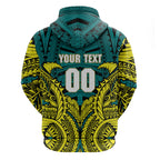 Personalized Hockeyroos Kangaroo Field Hockey Zip Hoodie Tribal Geometric Green Gold Symmetrical Pattern Design