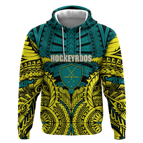 Personalized Hockeyroos Kangaroo Field Hockey Zip Hoodie Tribal Geometric Green Gold Symmetrical Pattern Design