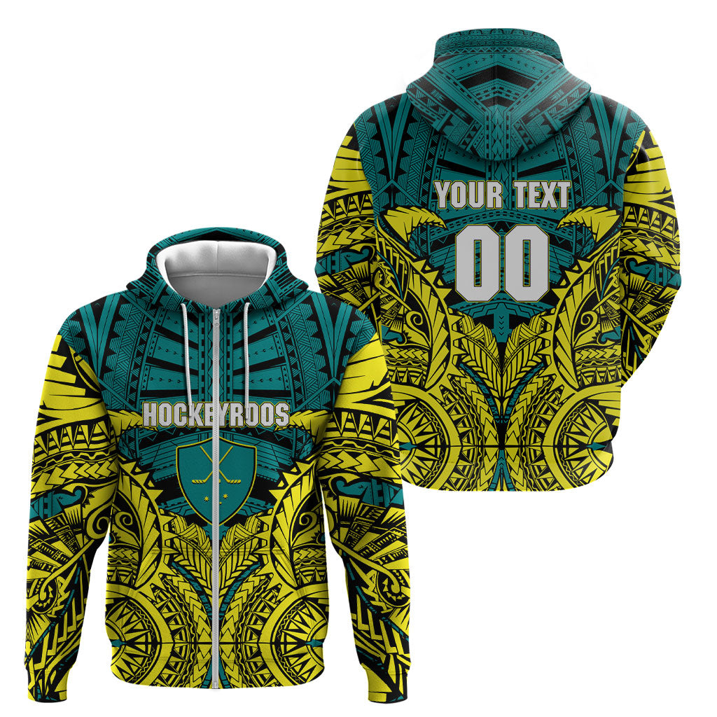 Personalized Hockeyroos Kangaroo Field Hockey Zip Hoodie Tribal Geometric Green Gold Symmetrical Pattern Design