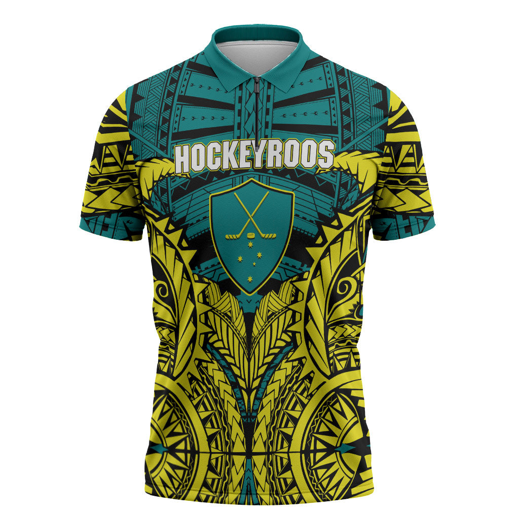Personalized Hockeyroos Kangaroo Field Hockey Zipper Polo Shirt Tribal Geometric Green Gold Symmetrical Pattern Design