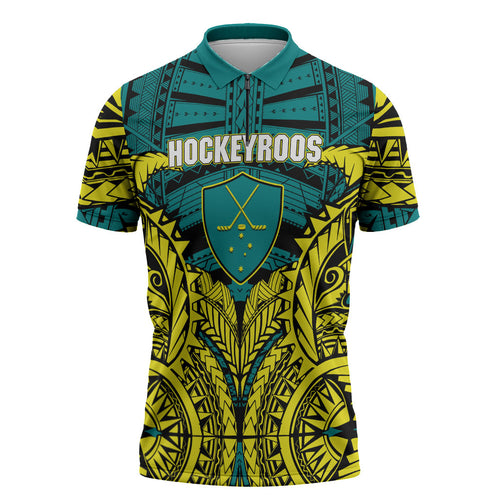 Personalized Hockeyroos Kangaroo Field Hockey Zipper Polo Shirt Tribal Geometric Green Gold Symmetrical Pattern Design