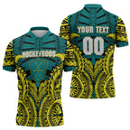 Personalized Hockeyroos Kangaroo Field Hockey Zipper Polo Shirt Tribal Geometric Green Gold Symmetrical Pattern Design