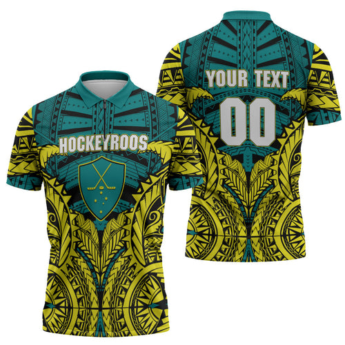 Personalized Hockeyroos Kangaroo Field Hockey Zipper Polo Shirt Tribal Geometric Green Gold Symmetrical Pattern Design