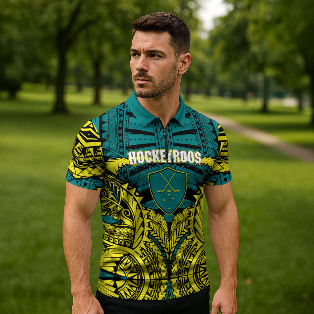 Personalized Hockeyroos Kangaroo Field Hockey Zipper Polo Shirt Tribal Geometric Green Gold Symmetrical Pattern Design