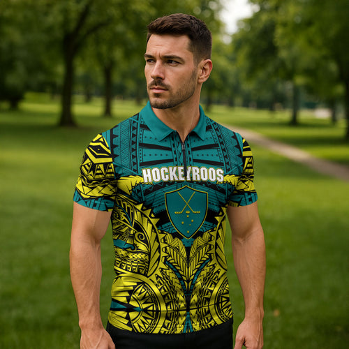 Personalized Hockeyroos Kangaroo Field Hockey Zipper Polo Shirt Tribal Geometric Green Gold Symmetrical Pattern Design