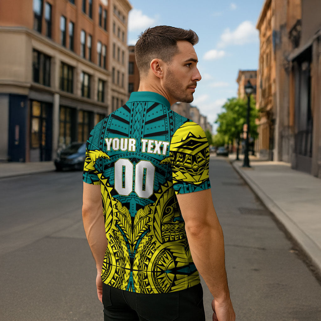 Personalized Hockeyroos Kangaroo Field Hockey Zipper Polo Shirt Tribal Geometric Green Gold Symmetrical Pattern Design