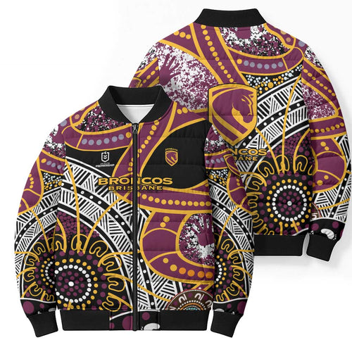 Brisbane Broncos Bomber Puffer Jacket Australian Aboriginal Dot Painting Handprint