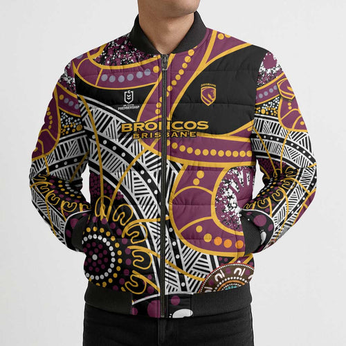 Brisbane Broncos Bomber Puffer Jacket Australian Aboriginal Dot Painting Handprint