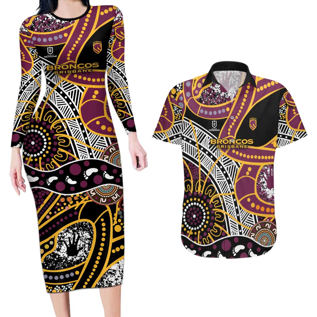 Brisbane Broncos Couples Matching Long Sleeve Bodycon Dress and Hawaiian Shirt Australian Aboriginal Dot Painting Handprint