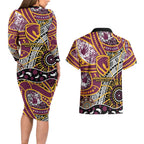 Brisbane Broncos Couples Matching Long Sleeve Bodycon Dress and Hawaiian Shirt Australian Aboriginal Dot Painting Handprint