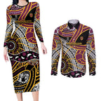 Brisbane Broncos Couples Matching Long Sleeve Bodycon Dress and Long Sleeve Button Shirt Australian Aboriginal Dot Painting Handprint
