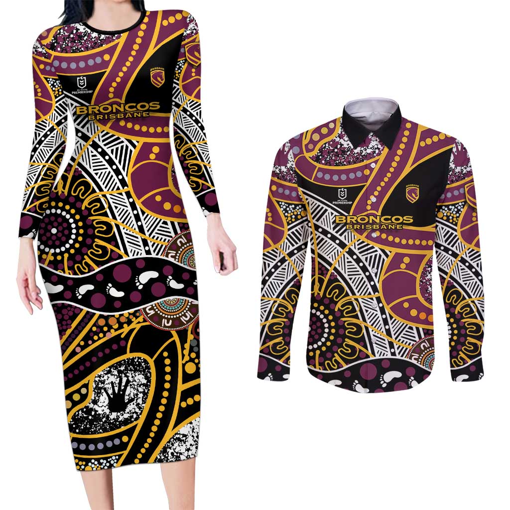 Brisbane Broncos Couples Matching Long Sleeve Bodycon Dress and Long Sleeve Button Shirt Australian Aboriginal Dot Painting Handprint