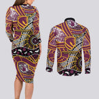 Brisbane Broncos Couples Matching Long Sleeve Bodycon Dress and Long Sleeve Button Shirt Australian Aboriginal Dot Painting Handprint
