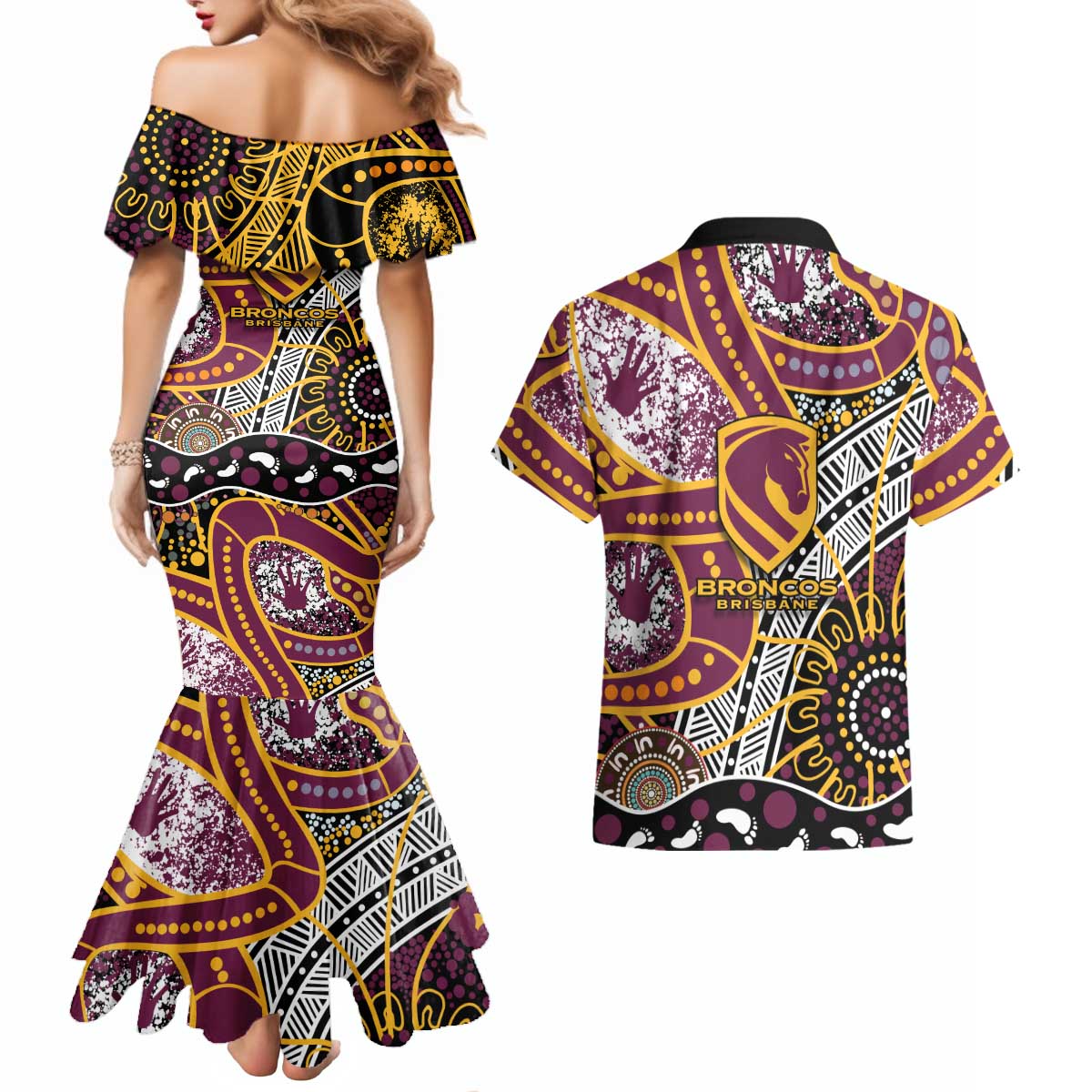 Brisbane Broncos Couples Matching Mermaid Dress and Hawaiian Shirt Australian Aboriginal Dot Painting Handprint