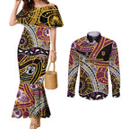 Brisbane Broncos Couples Matching Mermaid Dress and Long Sleeve Button Shirt Australian Aboriginal Dot Painting Handprint