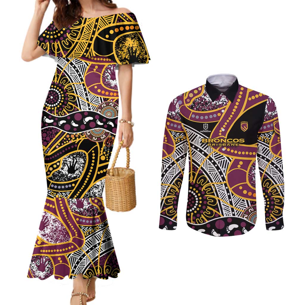 Brisbane Broncos Couples Matching Mermaid Dress and Long Sleeve Button Shirt Australian Aboriginal Dot Painting Handprint