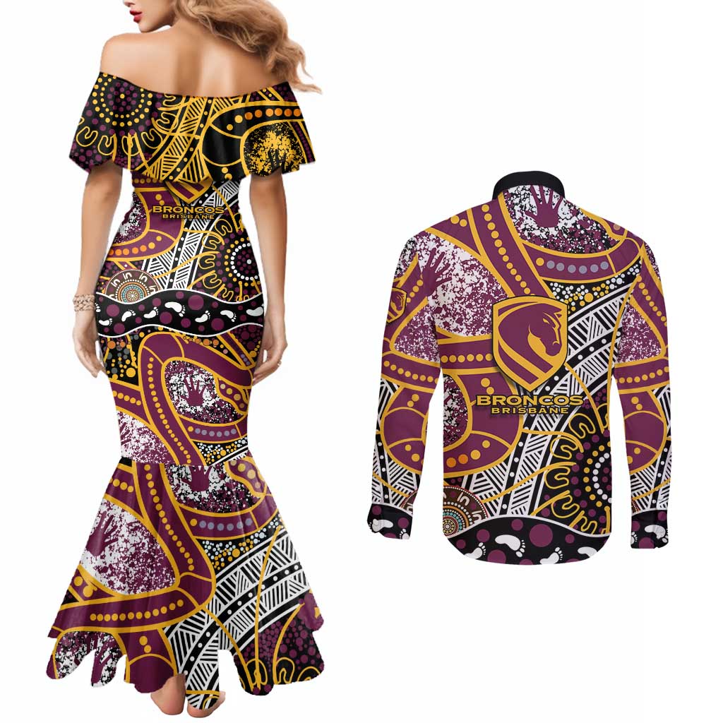 Brisbane Broncos Couples Matching Mermaid Dress and Long Sleeve Button Shirt Australian Aboriginal Dot Painting Handprint