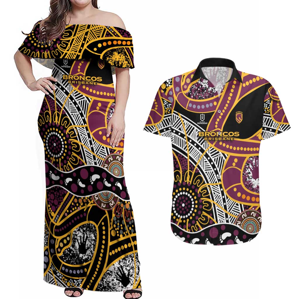 Brisbane Broncos Couples Matching Off Shoulder Maxi Dress and Hawaiian Shirt Australian Aboriginal Dot Painting Handprint