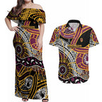 Brisbane Broncos Couples Matching Off Shoulder Maxi Dress and Hawaiian Shirt Australian Aboriginal Dot Painting Handprint