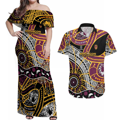 Brisbane Broncos Couples Matching Off Shoulder Maxi Dress and Hawaiian Shirt Australian Aboriginal Dot Painting Handprint