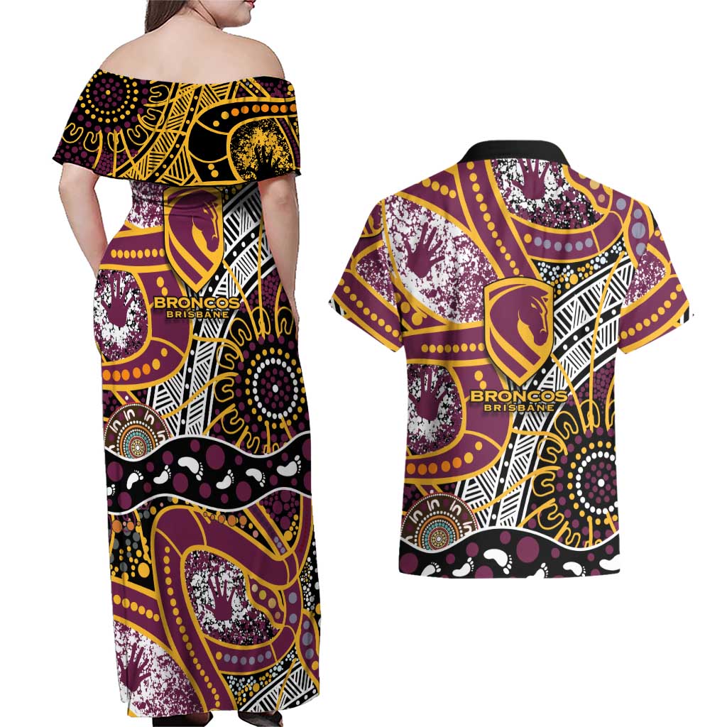 Brisbane Broncos Couples Matching Off Shoulder Maxi Dress and Hawaiian Shirt Australian Aboriginal Dot Painting Handprint
