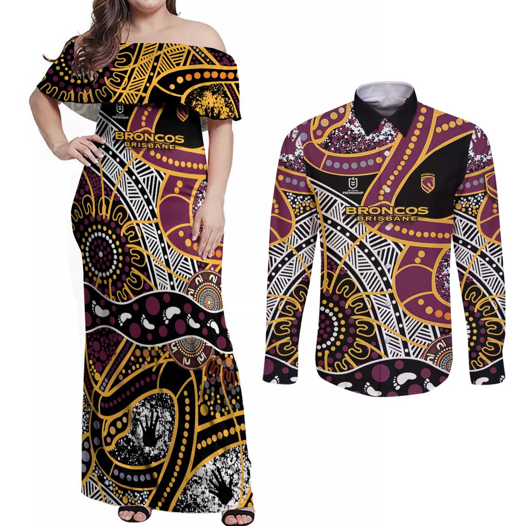 Brisbane Broncos Couples Matching Off Shoulder Maxi Dress and Long Sleeve Button Shirt Australian Aboriginal Dot Painting Handprint