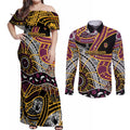 Brisbane Broncos Couples Matching Off Shoulder Maxi Dress and Long Sleeve Button Shirt Australian Aboriginal Dot Painting Handprint