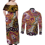 Brisbane Broncos Couples Matching Off Shoulder Maxi Dress and Long Sleeve Button Shirt Australian Aboriginal Dot Painting Handprint