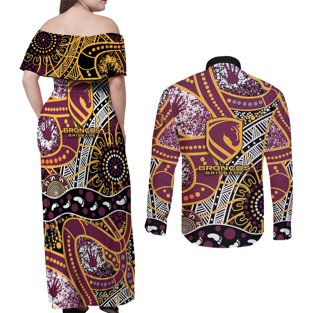 Brisbane Broncos Couples Matching Off Shoulder Maxi Dress and Long Sleeve Button Shirt Australian Aboriginal Dot Painting Handprint