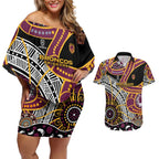 Brisbane Broncos Couples Matching Off Shoulder Short Dress and Hawaiian Shirt Australian Aboriginal Dot Painting Handprint