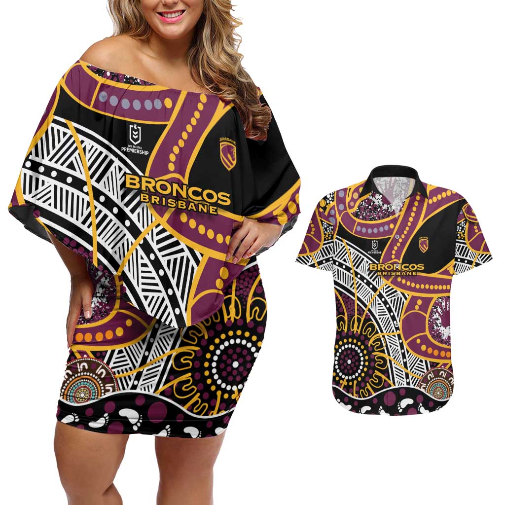 Brisbane Broncos Couples Matching Off Shoulder Short Dress and Hawaiian Shirt Australian Aboriginal Dot Painting Handprint