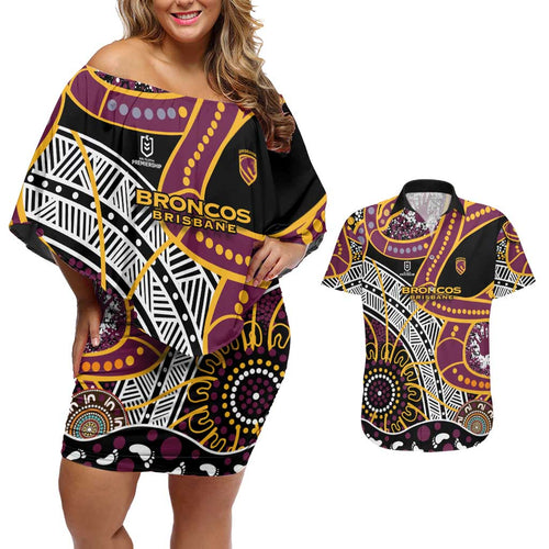 Brisbane Broncos Couples Matching Off Shoulder Short Dress and Hawaiian Shirt Australian Aboriginal Dot Painting Handprint