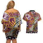 Brisbane Broncos Couples Matching Off Shoulder Short Dress and Hawaiian Shirt Australian Aboriginal Dot Painting Handprint