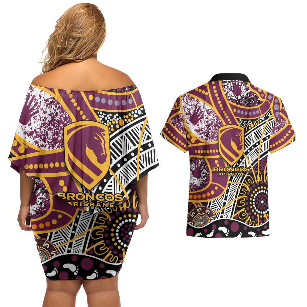 Brisbane Broncos Couples Matching Off Shoulder Short Dress and Hawaiian Shirt Australian Aboriginal Dot Painting Handprint