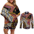 Brisbane Broncos Couples Matching Off Shoulder Short Dress and Long Sleeve Button Shirt Australian Aboriginal Dot Painting Handprint