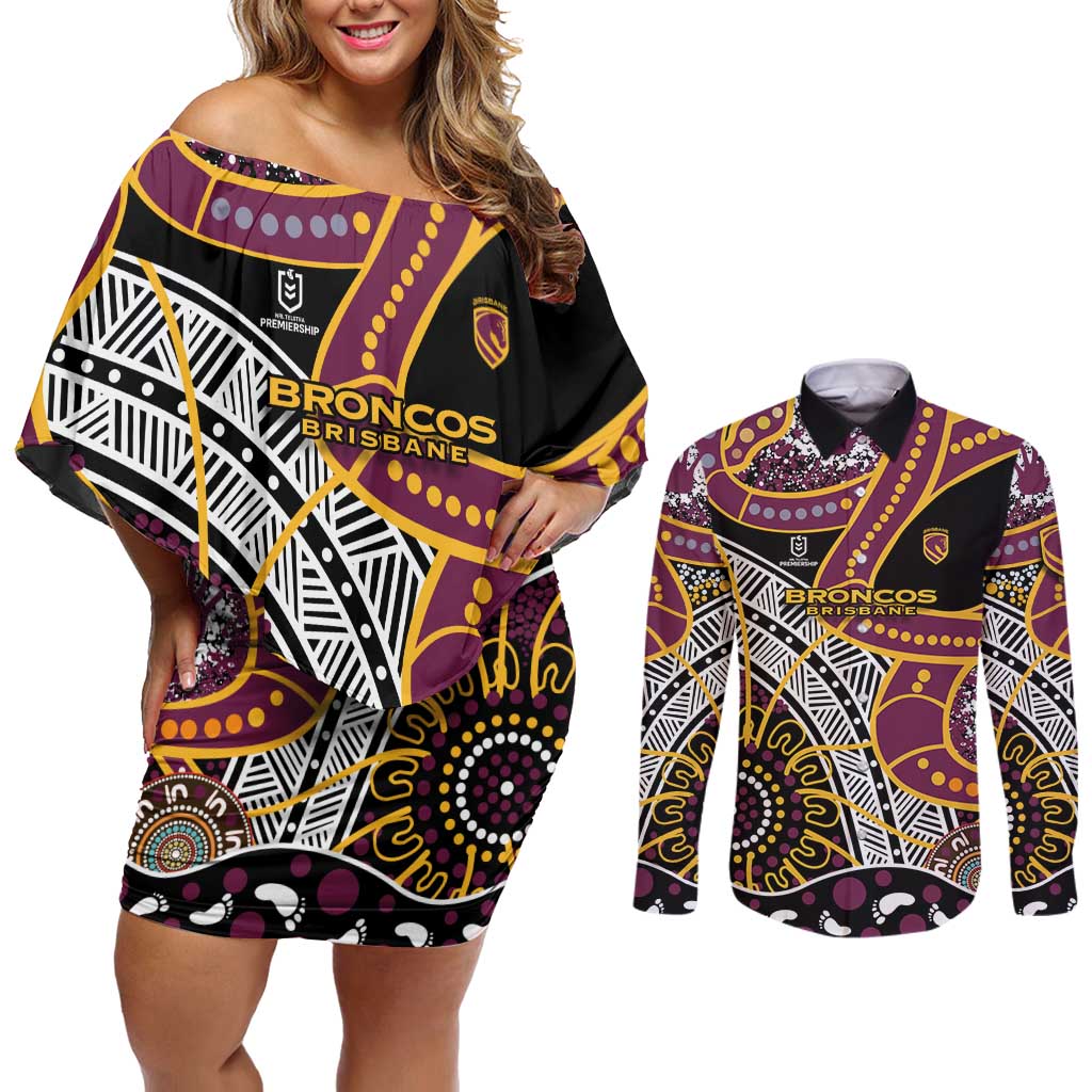 Brisbane Broncos Couples Matching Off Shoulder Short Dress and Long Sleeve Button Shirt Australian Aboriginal Dot Painting Handprint