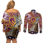 Brisbane Broncos Couples Matching Off Shoulder Short Dress and Long Sleeve Button Shirt Australian Aboriginal Dot Painting Handprint