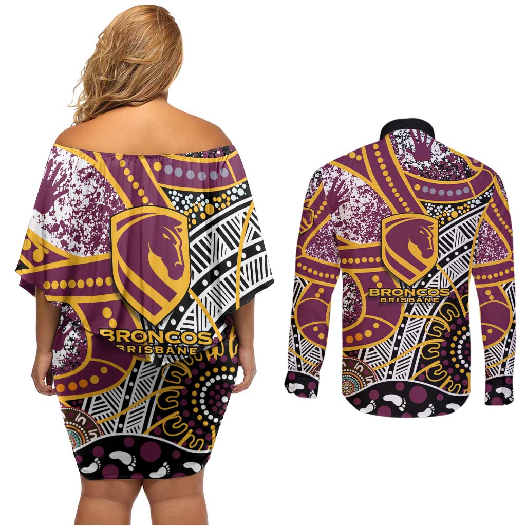 Brisbane Broncos Couples Matching Off Shoulder Short Dress and Long Sleeve Button Shirt Australian Aboriginal Dot Painting Handprint