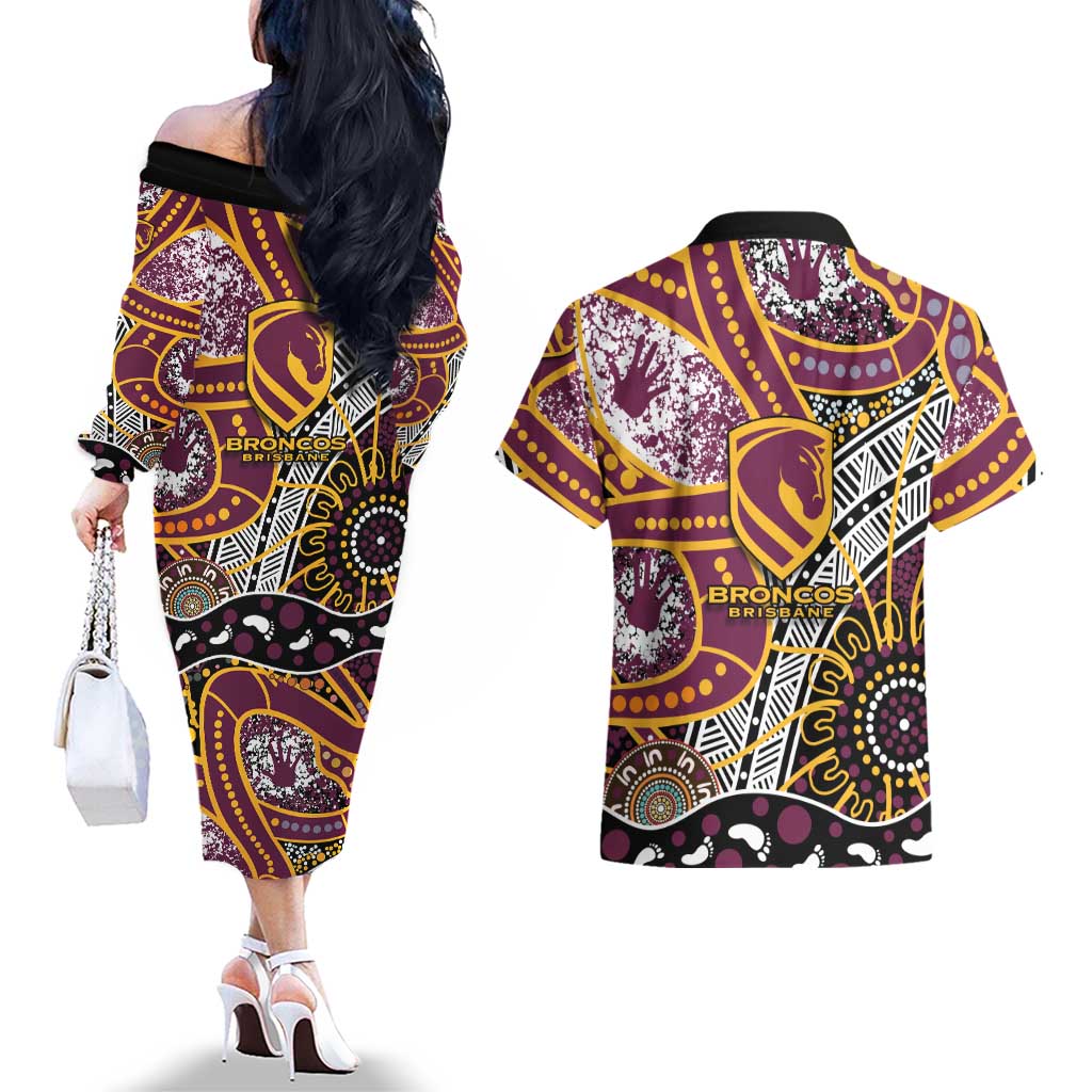 Brisbane Broncos Couples Matching Off The Shoulder Long Sleeve Dress and Hawaiian Shirt Australian Aboriginal Dot Painting Handprint