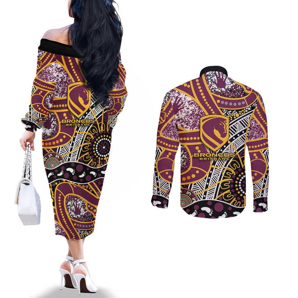 Brisbane Broncos Couples Matching Off The Shoulder Long Sleeve Dress and Long Sleeve Button Shirt Australian Aboriginal Dot Painting Handprint