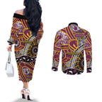 Brisbane Broncos Couples Matching Off The Shoulder Long Sleeve Dress and Long Sleeve Button Shirt Australian Aboriginal Dot Painting Handprint