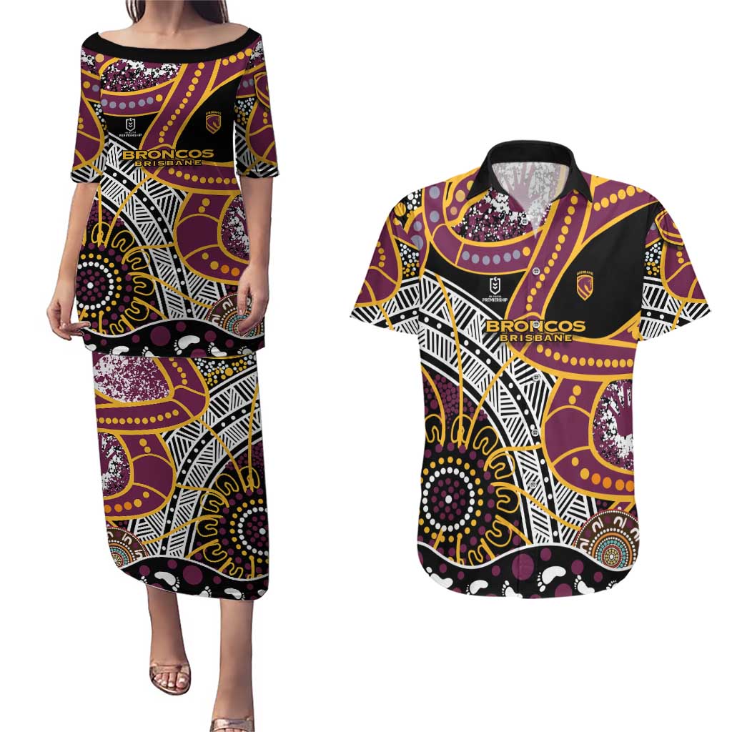 Brisbane Broncos Couples Matching Puletasi and Hawaiian Shirt Australian Aboriginal Dot Painting Handprint