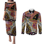 Brisbane Broncos Couples Matching Puletasi and Long Sleeve Button Shirt Australian Aboriginal Dot Painting Handprint