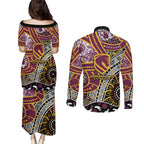 Brisbane Broncos Couples Matching Puletasi and Long Sleeve Button Shirt Australian Aboriginal Dot Painting Handprint