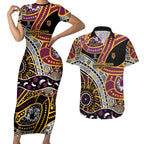 Brisbane Broncos Couples Matching Short Sleeve Bodycon Dress and Hawaiian Shirt Australian Aboriginal Dot Painting Handprint