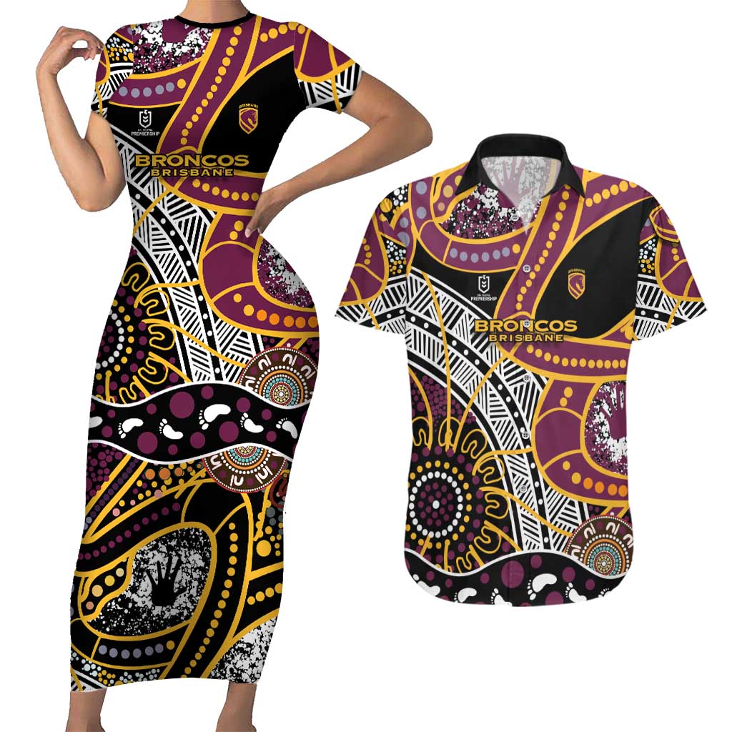 Brisbane Broncos Couples Matching Short Sleeve Bodycon Dress and Hawaiian Shirt Australian Aboriginal Dot Painting Handprint