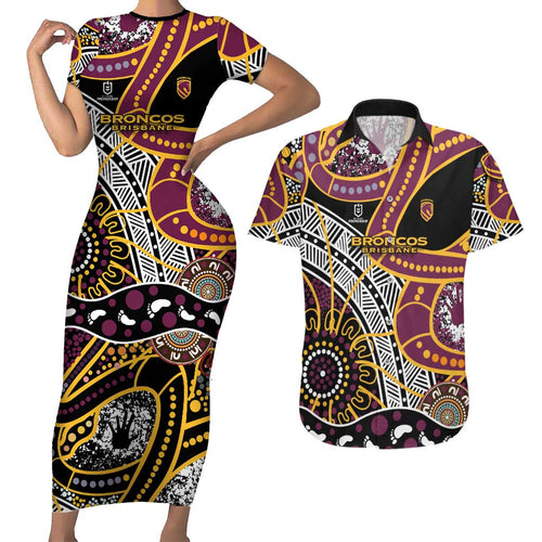 Brisbane Broncos Couples Matching Short Sleeve Bodycon Dress and Hawaiian Shirt Australian Aboriginal Dot Painting Handprint