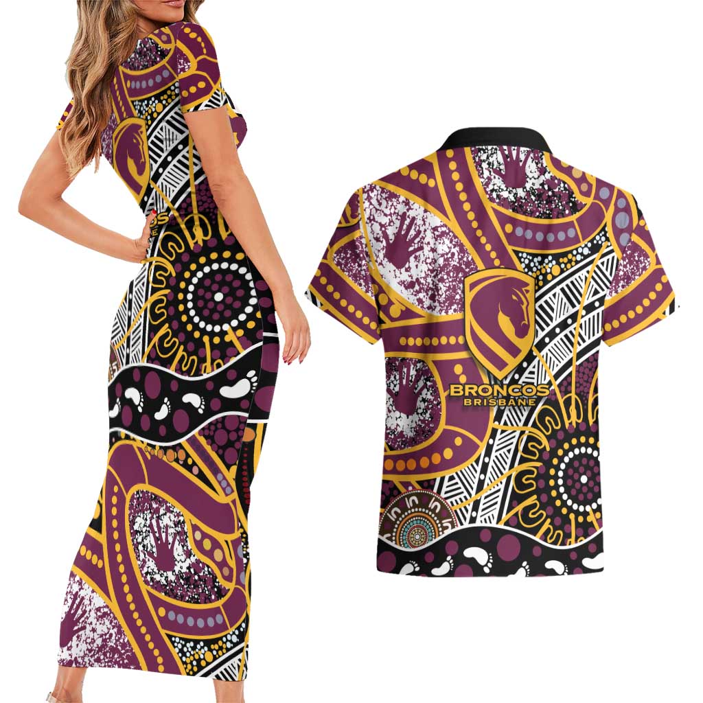 Brisbane Broncos Couples Matching Short Sleeve Bodycon Dress and Hawaiian Shirt Australian Aboriginal Dot Painting Handprint